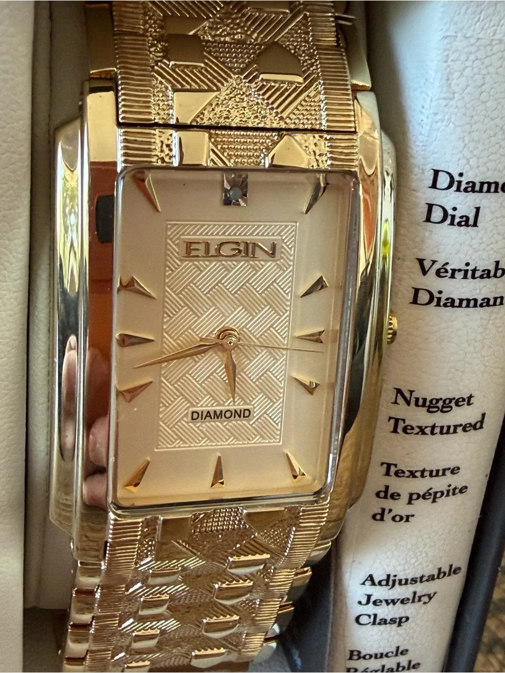New! Elgin Gold Tone 28mm Diamond Dial Rectangular Men’s Watch